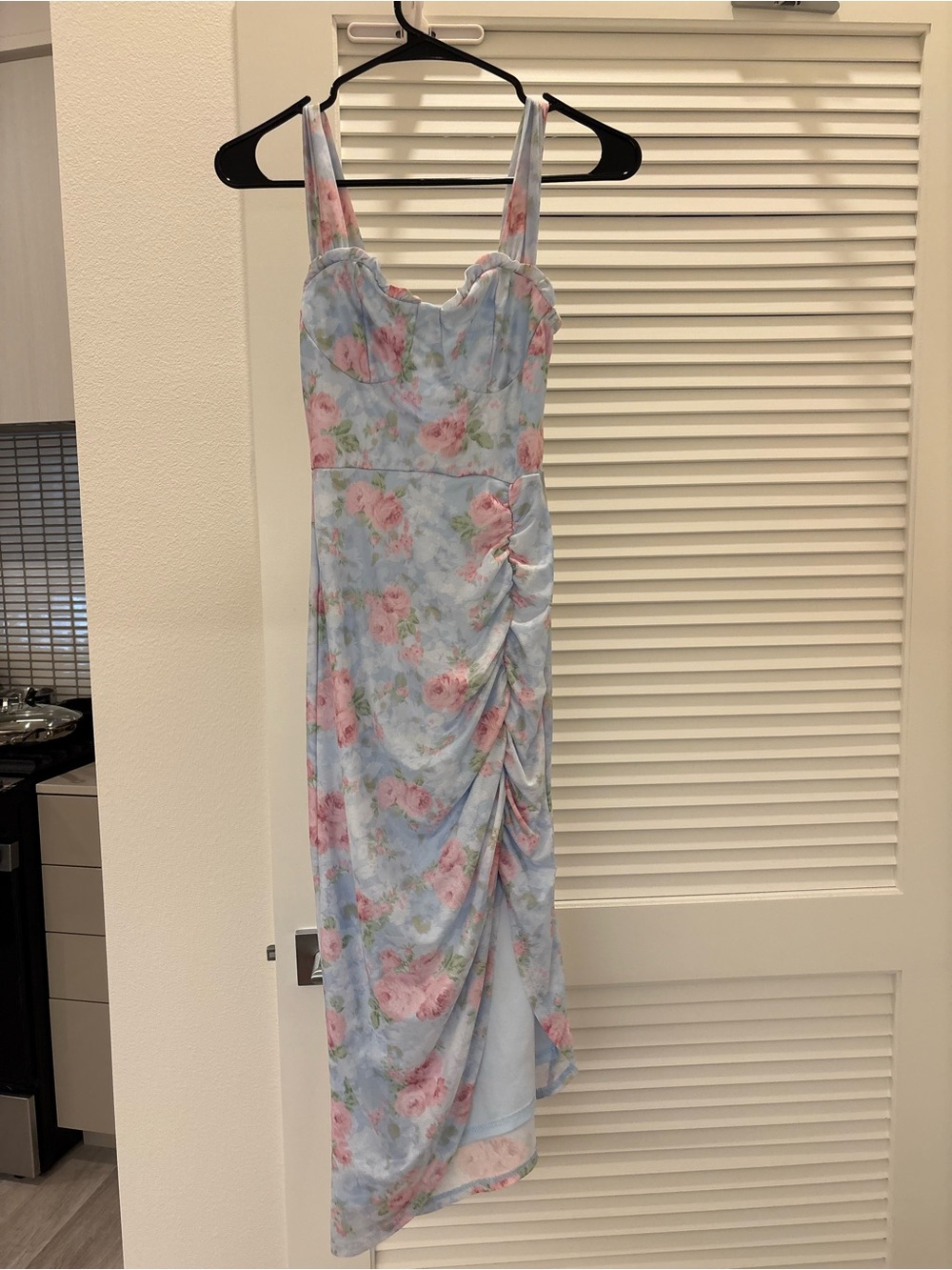 Floral Ruched Light Blue Slip Dress